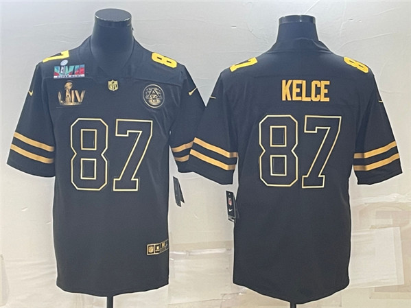 Men’s Kansas City Chiefs #87 Travis Kelce Black Golden Super Bowl LV And Super Bowl LVII Patch And 4-star C Patch Vapor Untouchable Limited Stitched Jersey